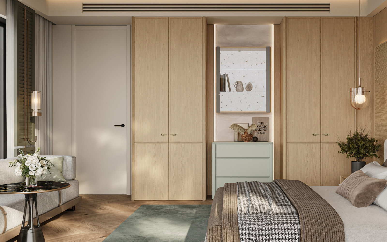 Phòng ngủ Golden Home với tủ áo âm gỗ sồi sáng và tủ ngăn kéo xanh bạc hà