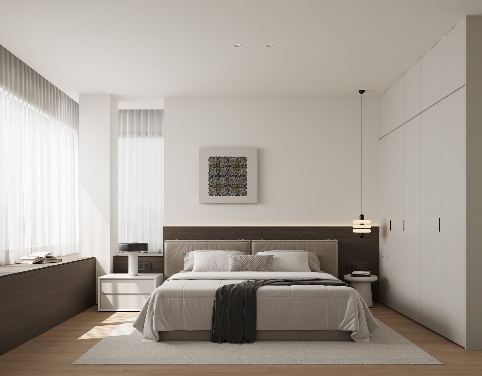 Phòng ngủ Golden Home màu trắng với đầu giường gỗ sẫm và tủ áo âm kịch trần