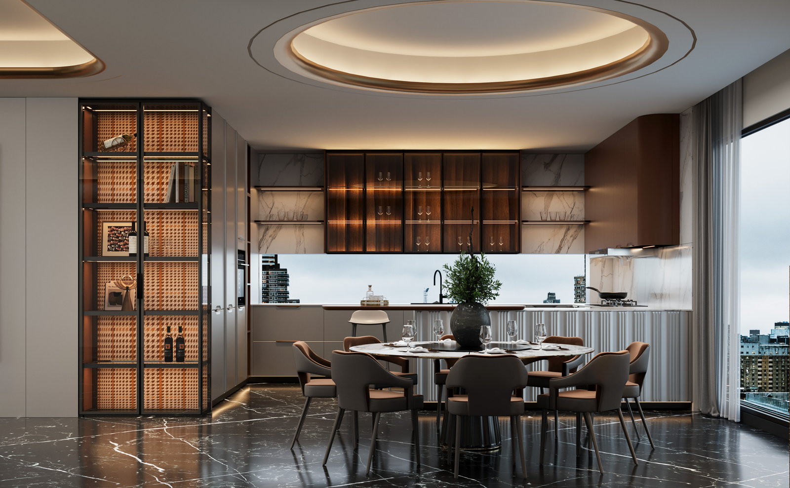 Phòng ăn Golden Home với bàn tròn, tủ kính gỗ óc chó và sàn đá marble đen