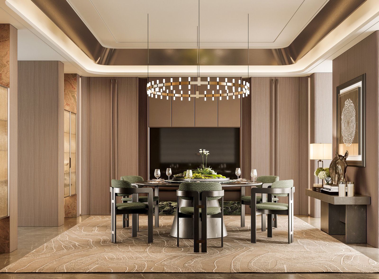 Phòng ăn Golden Home với bàn tròn, ghế bọc xanh lá và đèn thả dạng dải