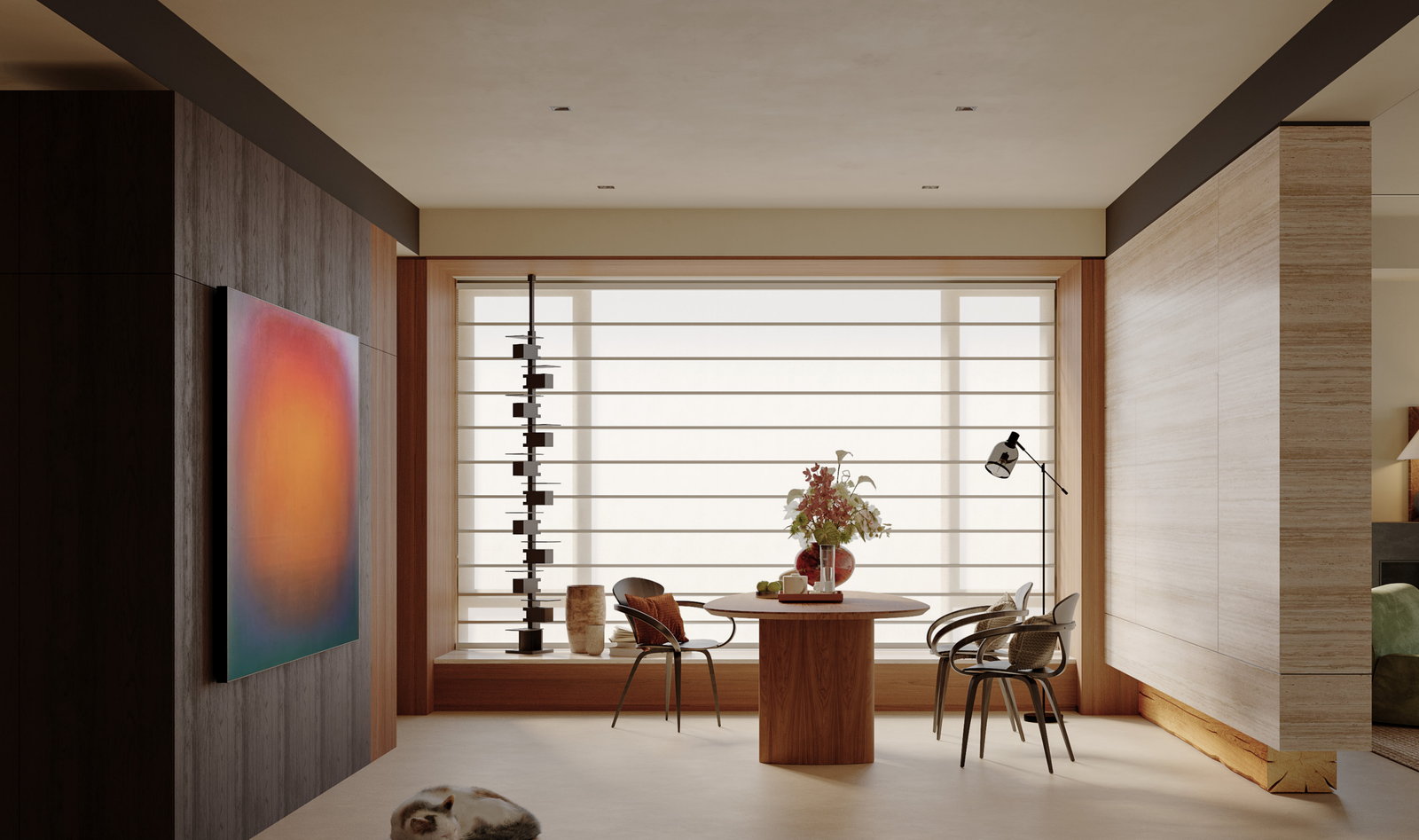 Góc ăn Golden Home với bàn gỗ tròn, giá rượu và ô cửa sổ lồi ốp lam