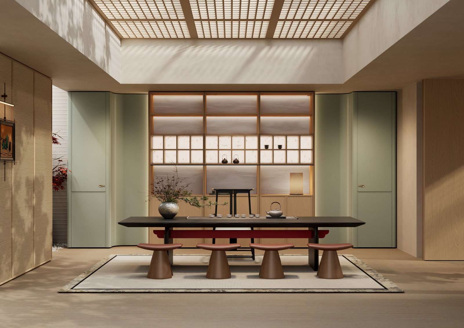 Phòng trà và phòng ăn Golden Home với bàn dài tông sẫm, tủ xanh sage và trần ô lưới