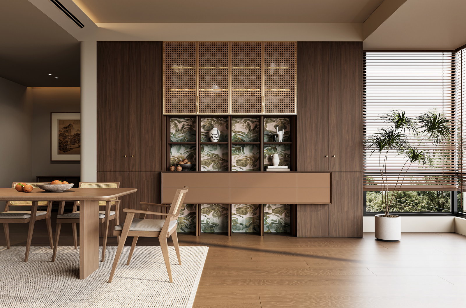 Phòng ăn Golden Home với bàn gỗ và tủ thấp gỗ óc chó cánh kính hoa văn thực vật