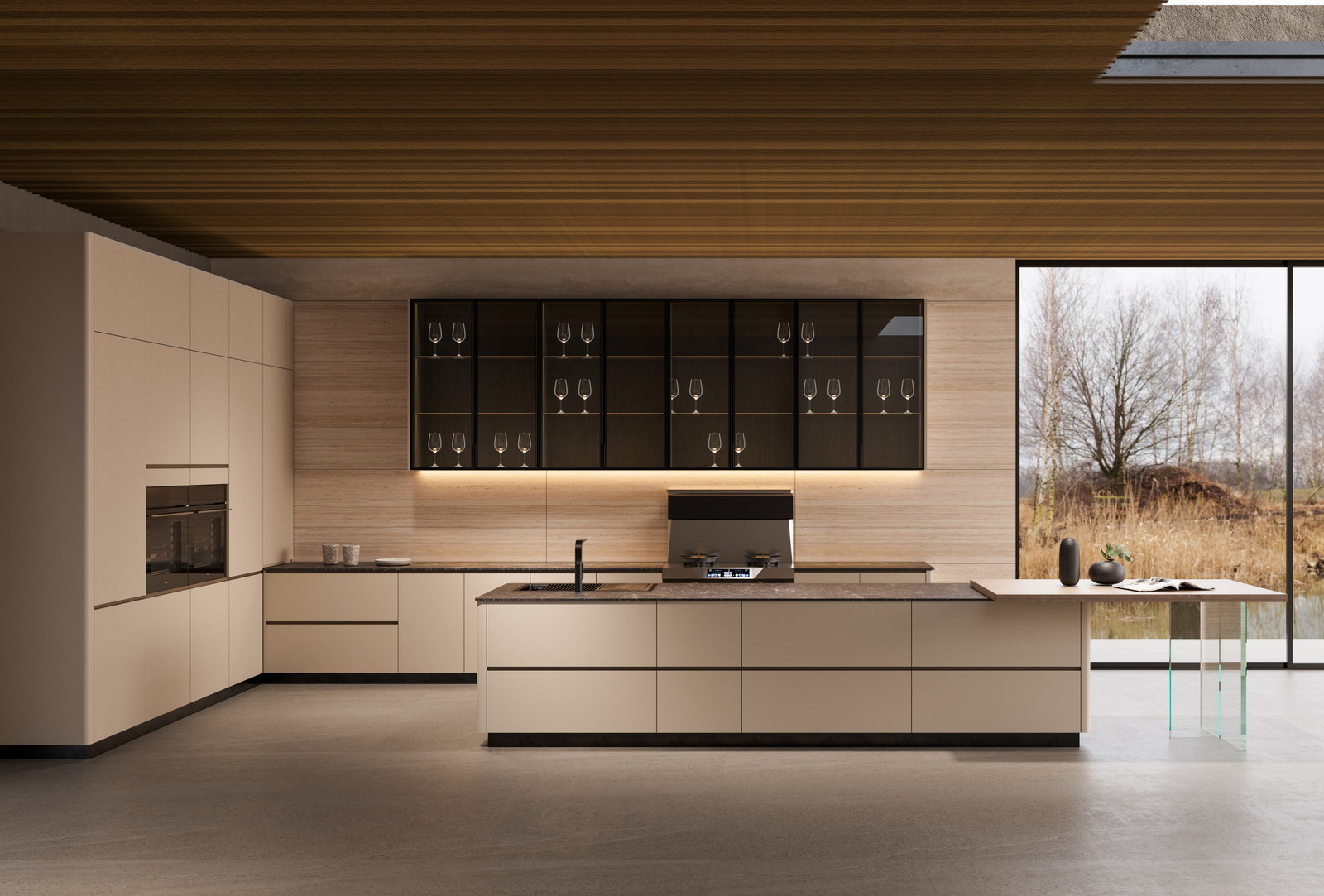 Tủ bếp Golden Home không tay nắm màu kem, đảo bếp dài và tủ treo kính tối dưới trần lam gỗ