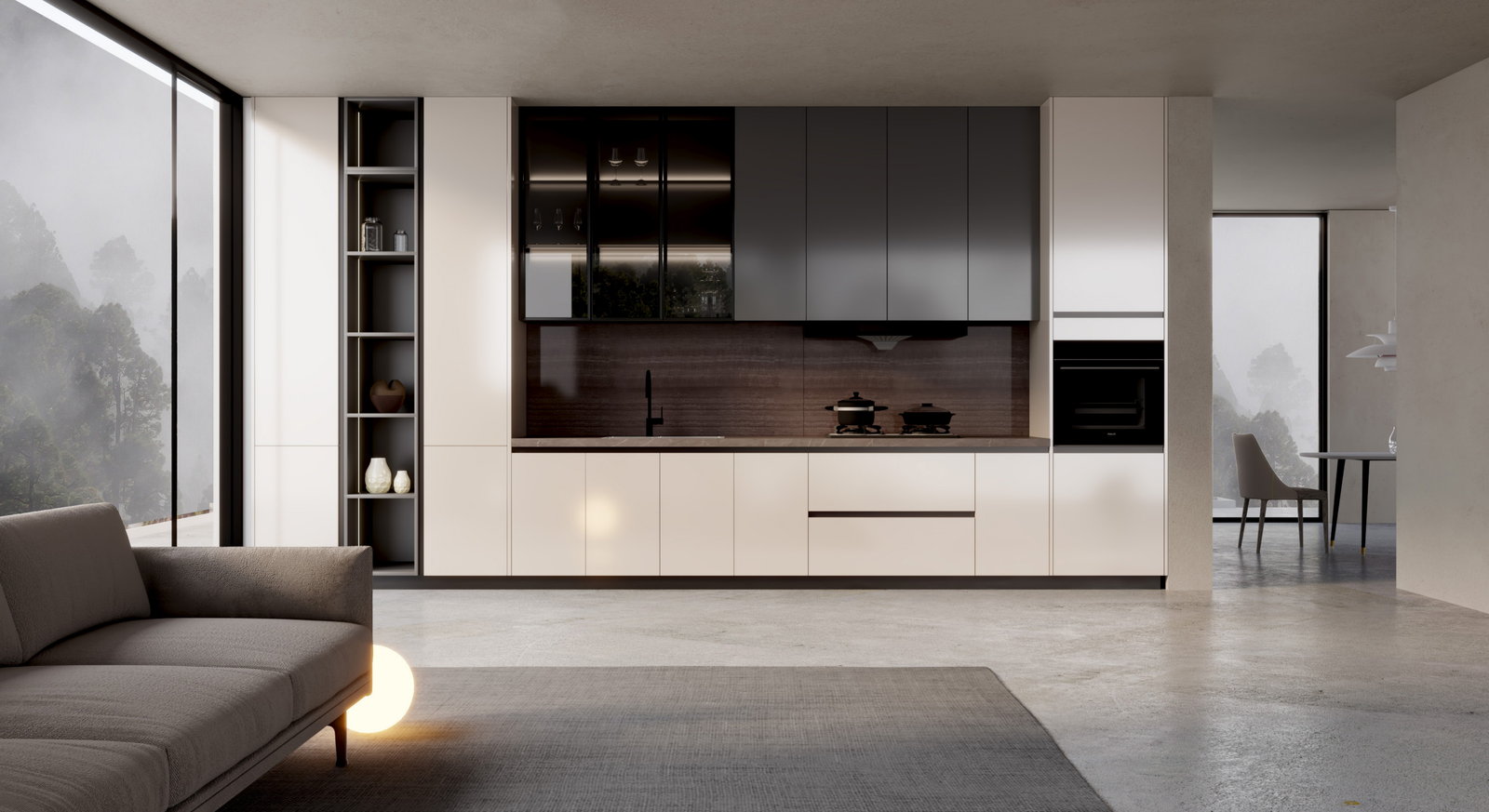 Tủ bếp Golden Home màu trắng với tủ treo kính tối, mở ra phòng khách tông xám