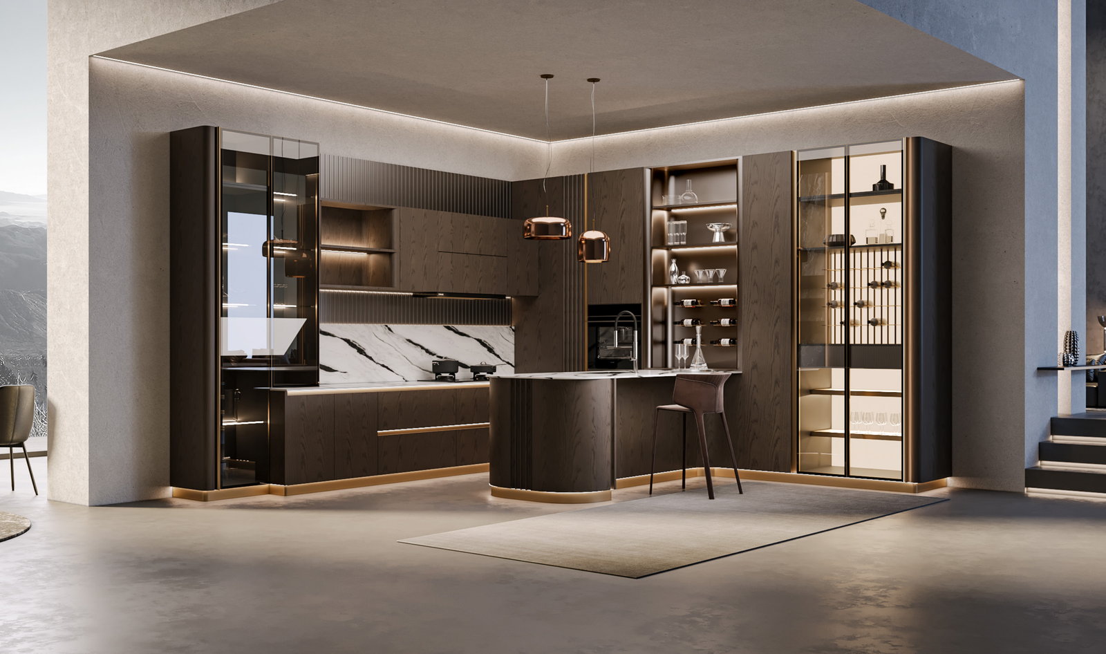 Tủ bếp Golden Home màu nâu sẫm với đảo bếp bo cong và tủ kính trưng bày hắt sáng
