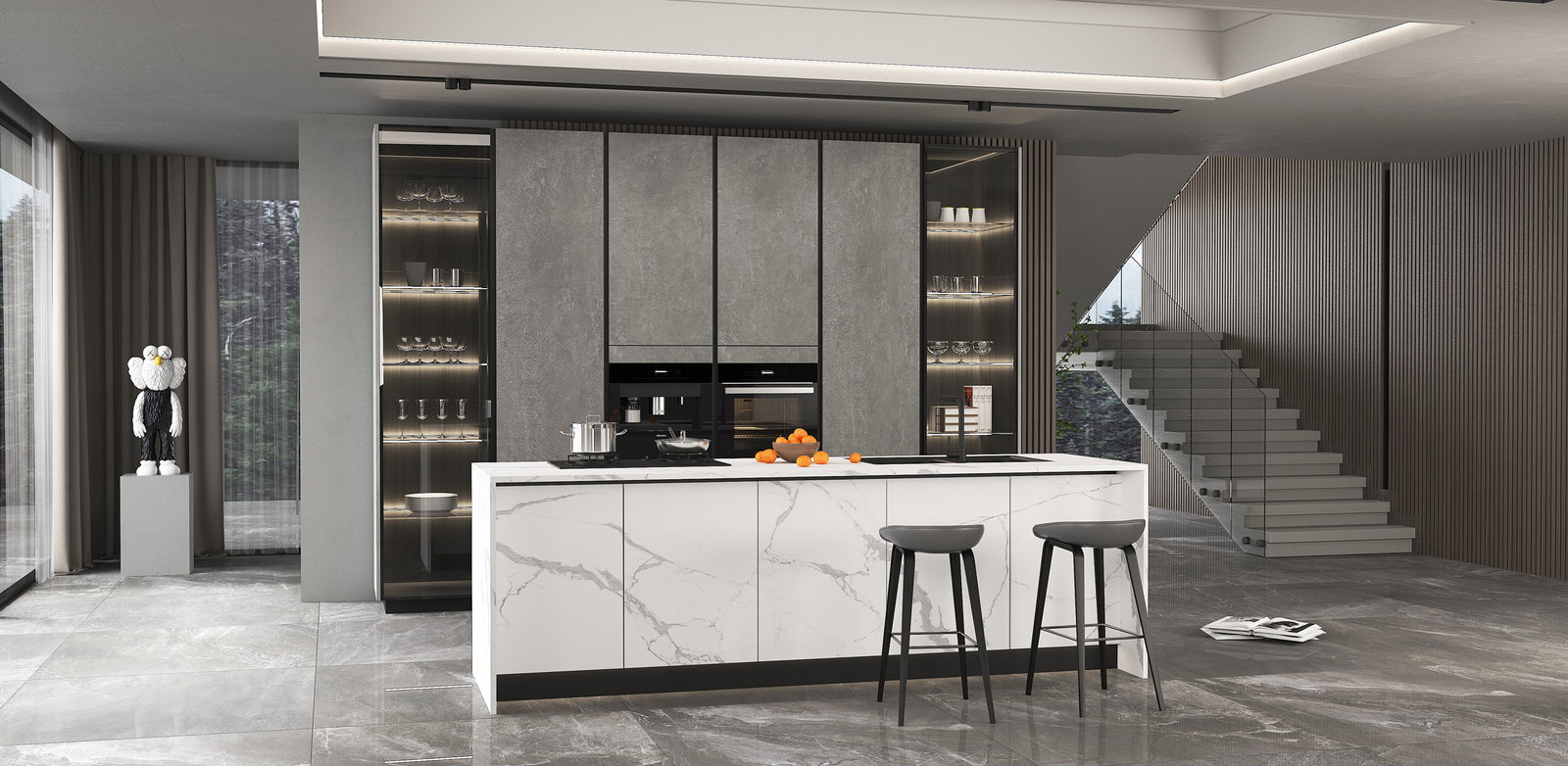 Tủ bếp Golden Home màu xám với đảo bếp đá marble trắng thác nước, ghế bar và tủ ướp rượu âm