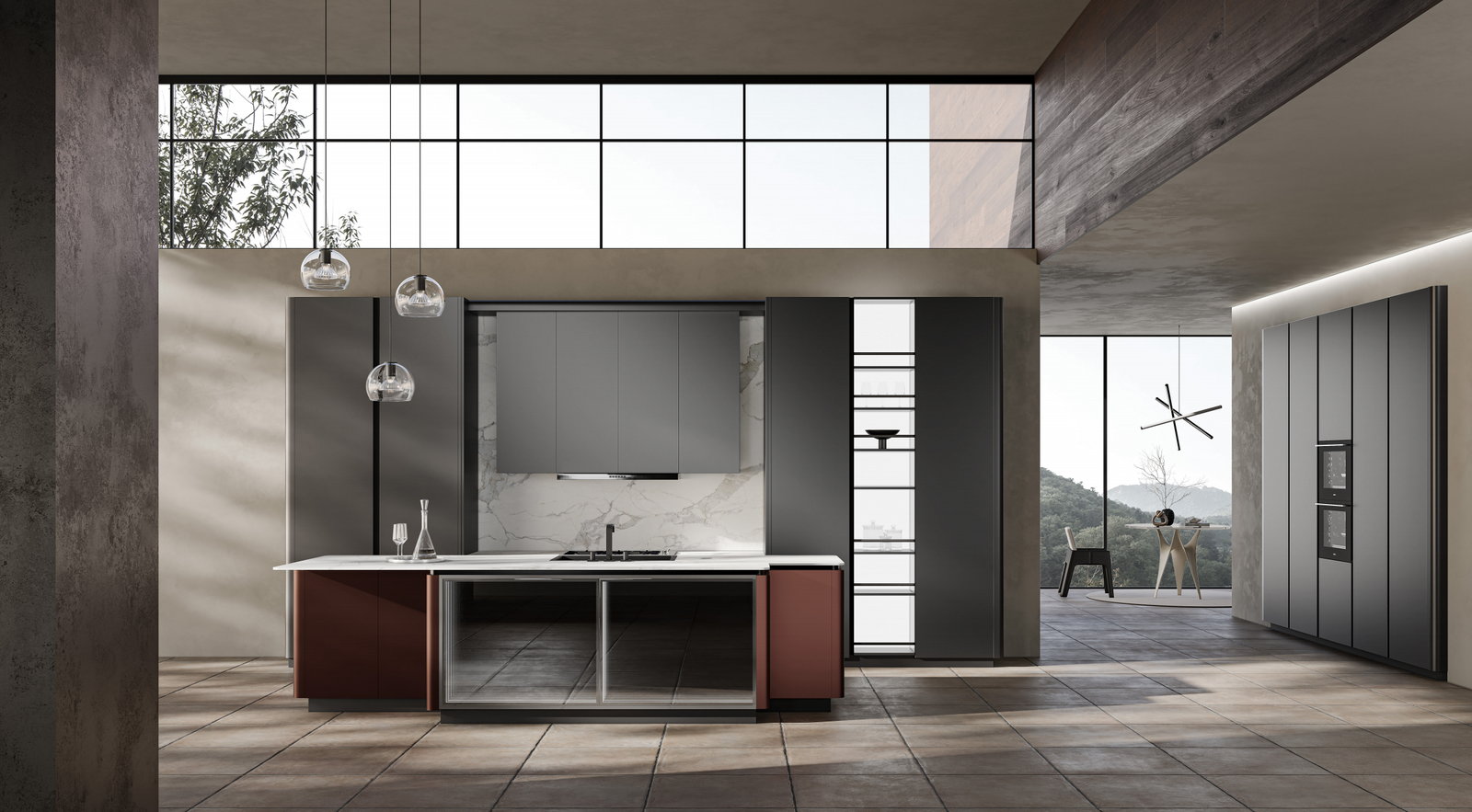 Đảo bếp Golden Home tông đỏ rượu và thép, mặt đá marble trong không gian loft bê tông