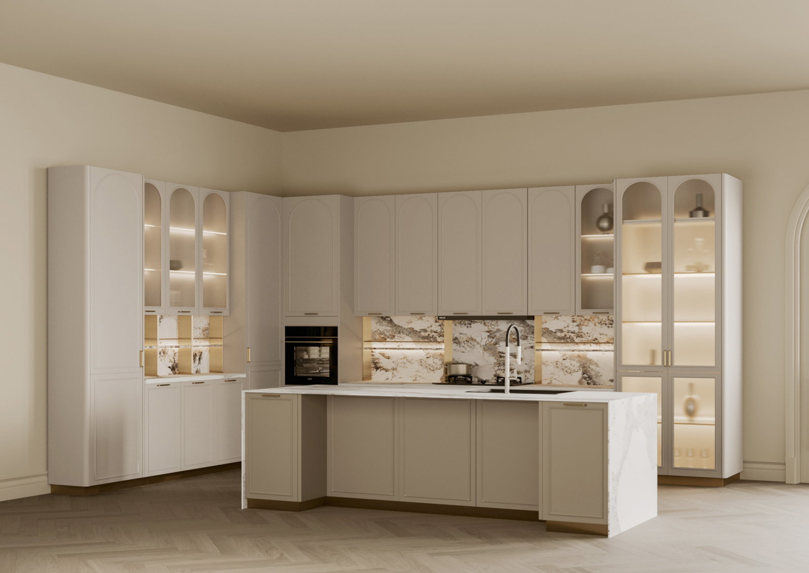 Tủ bếp Golden Home kiểu shaker màu kem với tủ kính vòm và đảo bếp mặt đá
