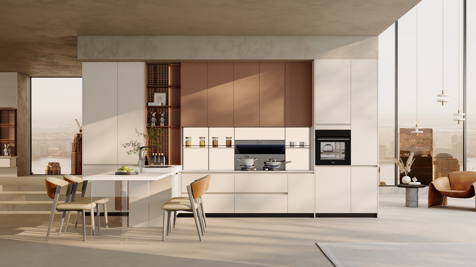 Tủ bếp Golden Home màu trắng với tủ treo hồng đồng và đảo bếp kết hợp chỗ ngồi ăn