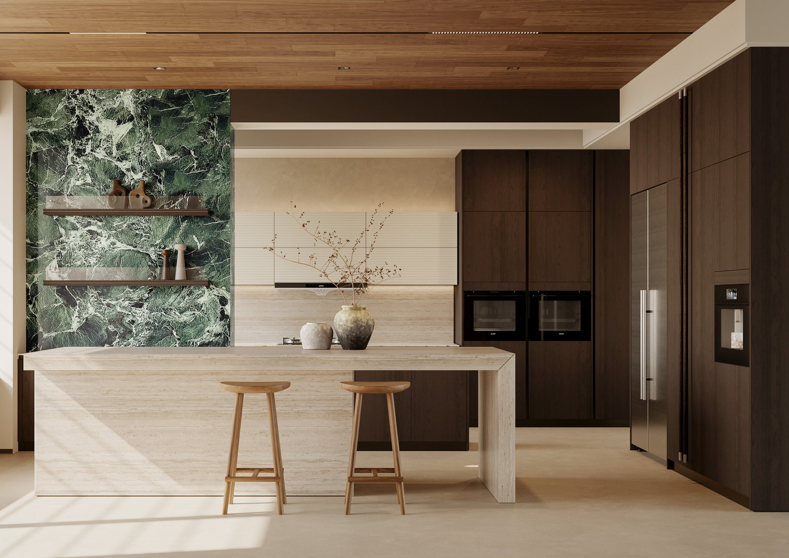 Tủ bếp Golden Home với đảo bếp đá travertine, mảng đá marble xanh và hệ tủ cao gỗ sẫm