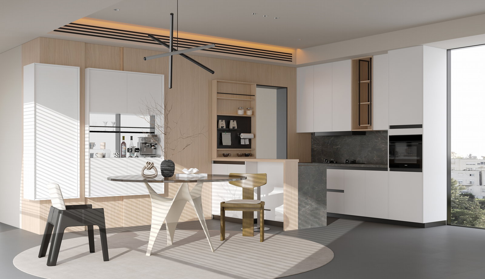 Tủ bếp Golden Home màu trắng với ốp bếp đá tối màu và bàn ăn tròn