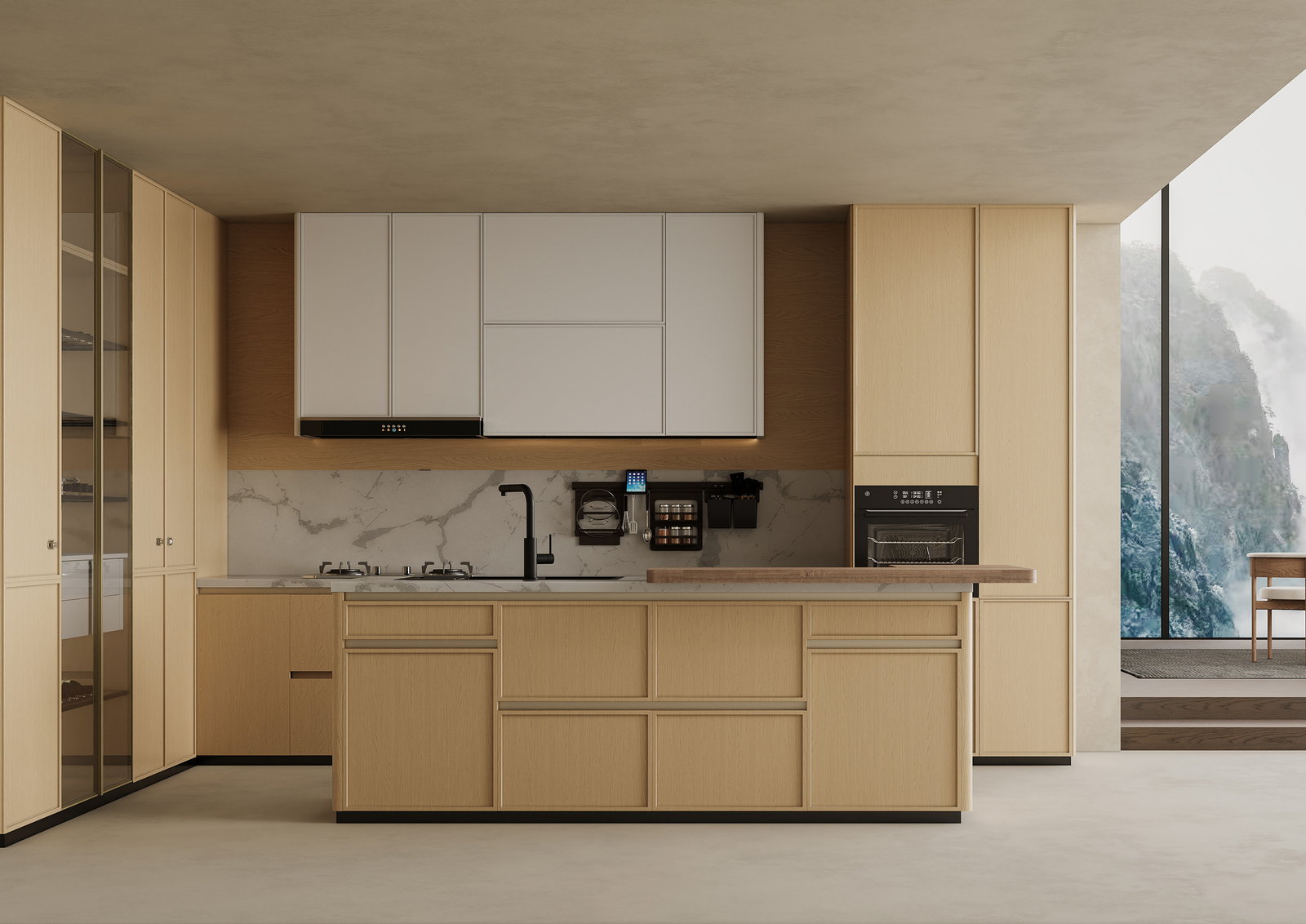 Tủ bếp Golden Home kiểu shaker gỗ sồi sáng với ốp đá marble và đảo bếp trung tâm