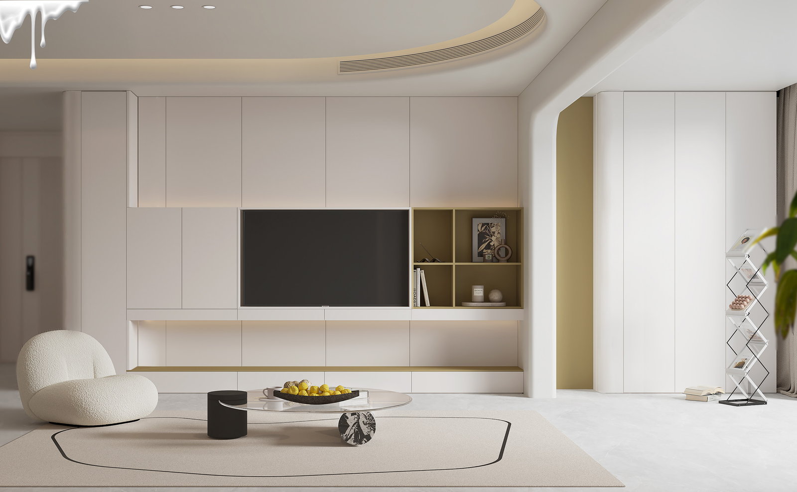 Phòng khách Golden Home với tường tivi trắng không tay nắm và các hốc gỗ sồi mở