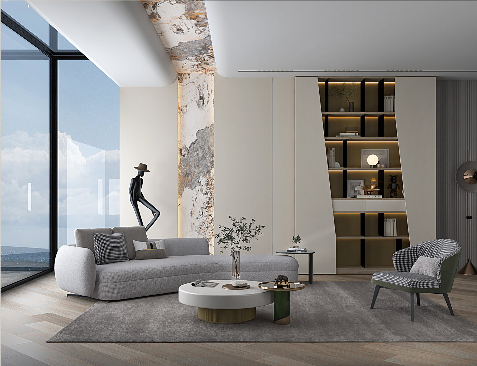 Phòng khách Golden Home với cột đá trang trí, sofa xám và kệ sách vát thon