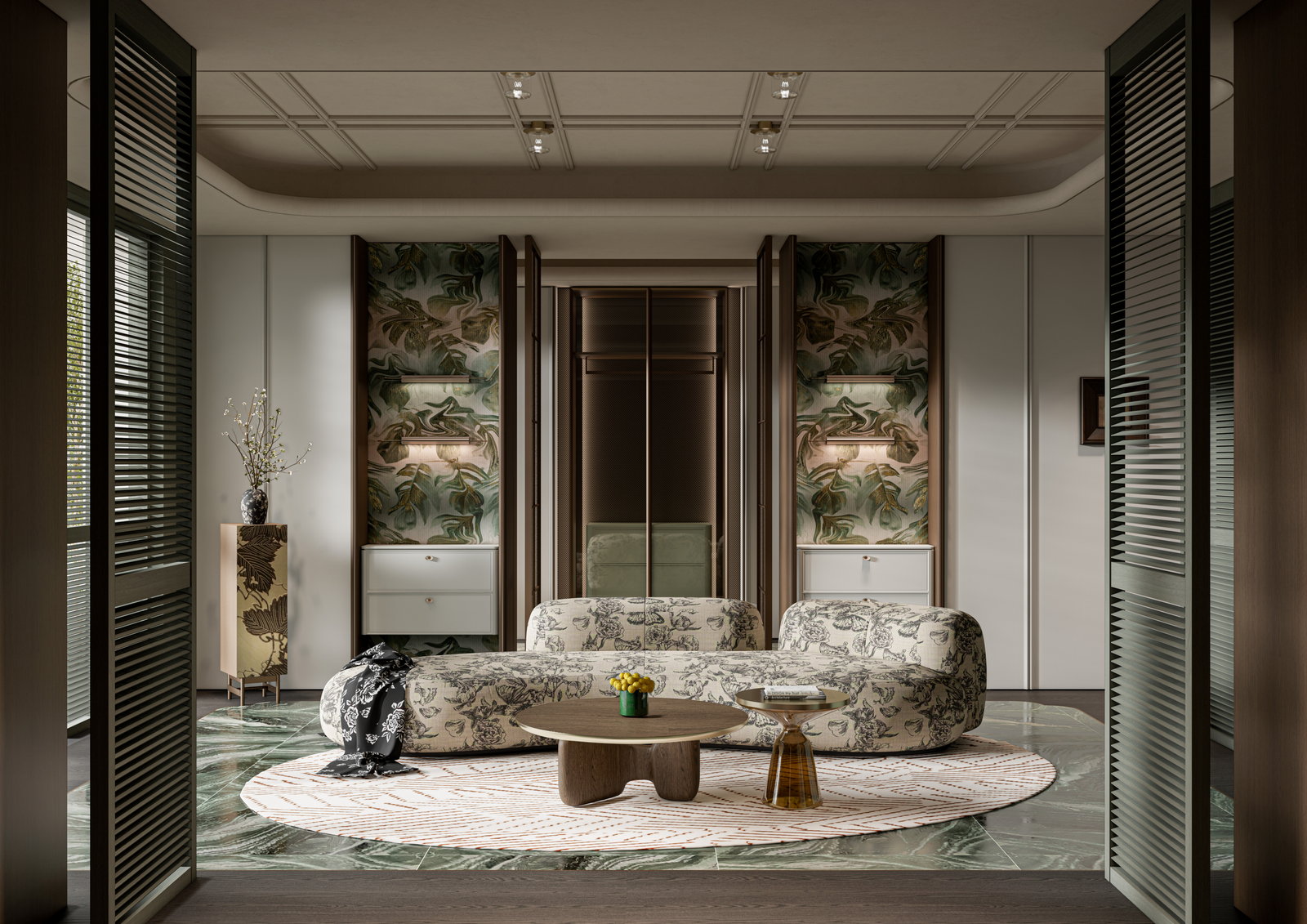 Phòng khách Golden Home với sofa bọc vải hoa, mảng tranh thực vật và cửa lam
