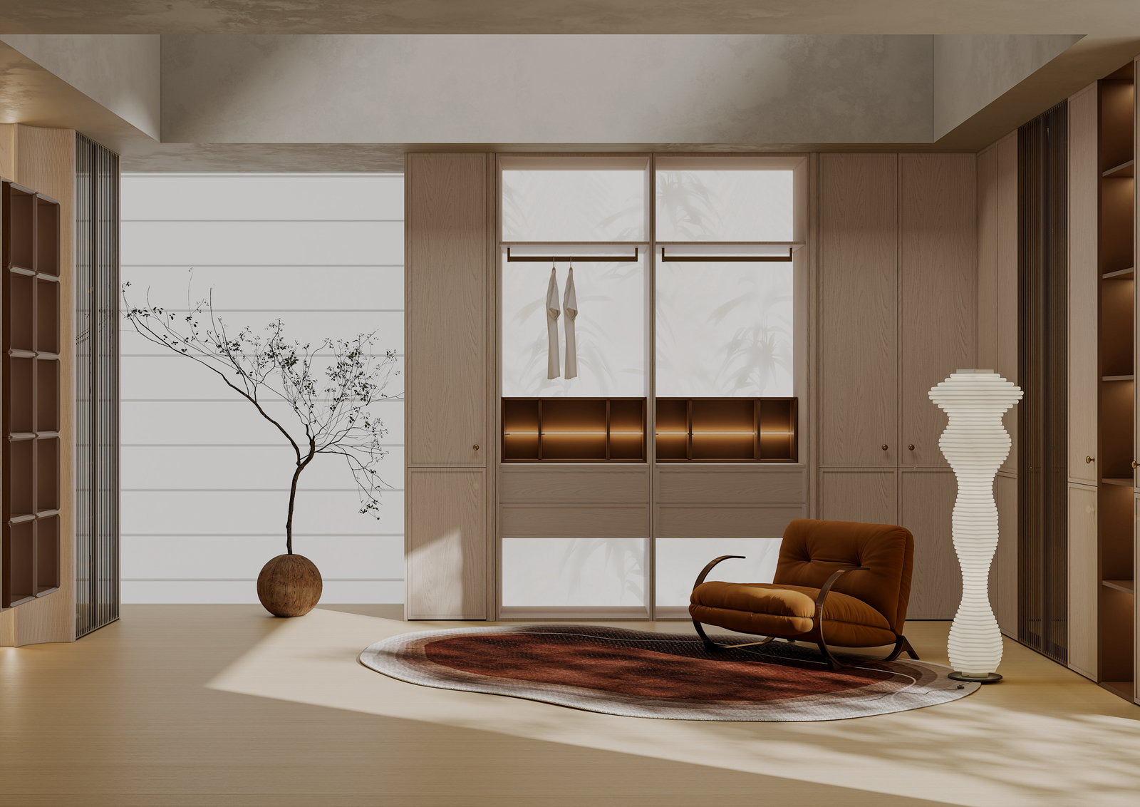 Phòng khách Golden Home với tường tủ gỗ sồi sáng, cánh trượt và thảm tròn đỏ