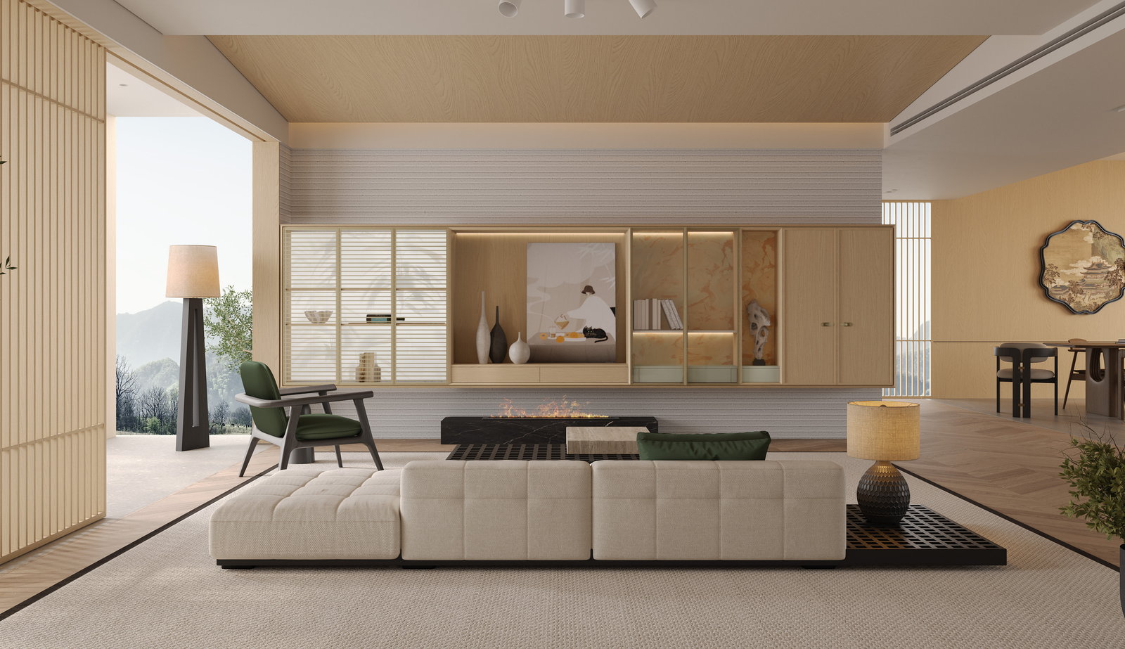 Phòng khách Golden Home với tường tủ gỗ sồi sáng, lò sưởi dạng dải và sofa màu kem