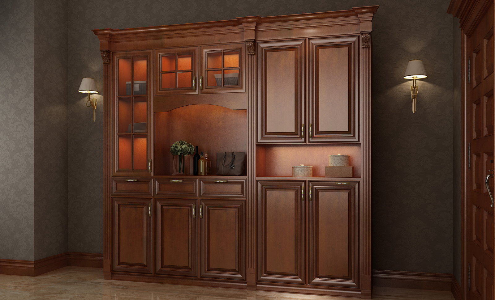 Tủ trưng bày và lưu trữ gỗ anh đào cổ điển Golden Home với cánh kính có đèn