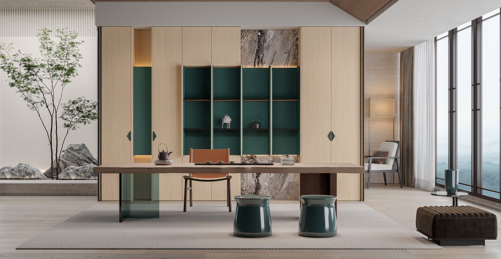 Phòng làm việc Golden Home với tường tủ sách sơn xanh lá và bàn dài gỗ sồi sáng