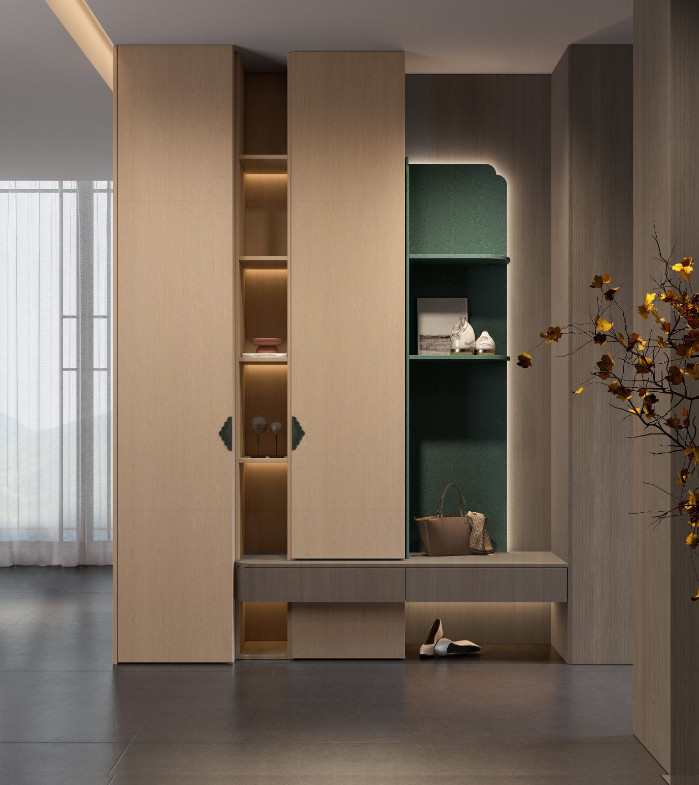 Tủ lối vào Golden Home gỗ sồi sáng với ghế băng để giày và hốc trưng bày xanh lá