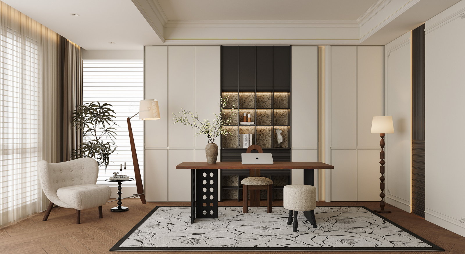 Phòng làm việc Golden Home với tường tủ ốp nan màu kem và bàn viết gỗ sẫm