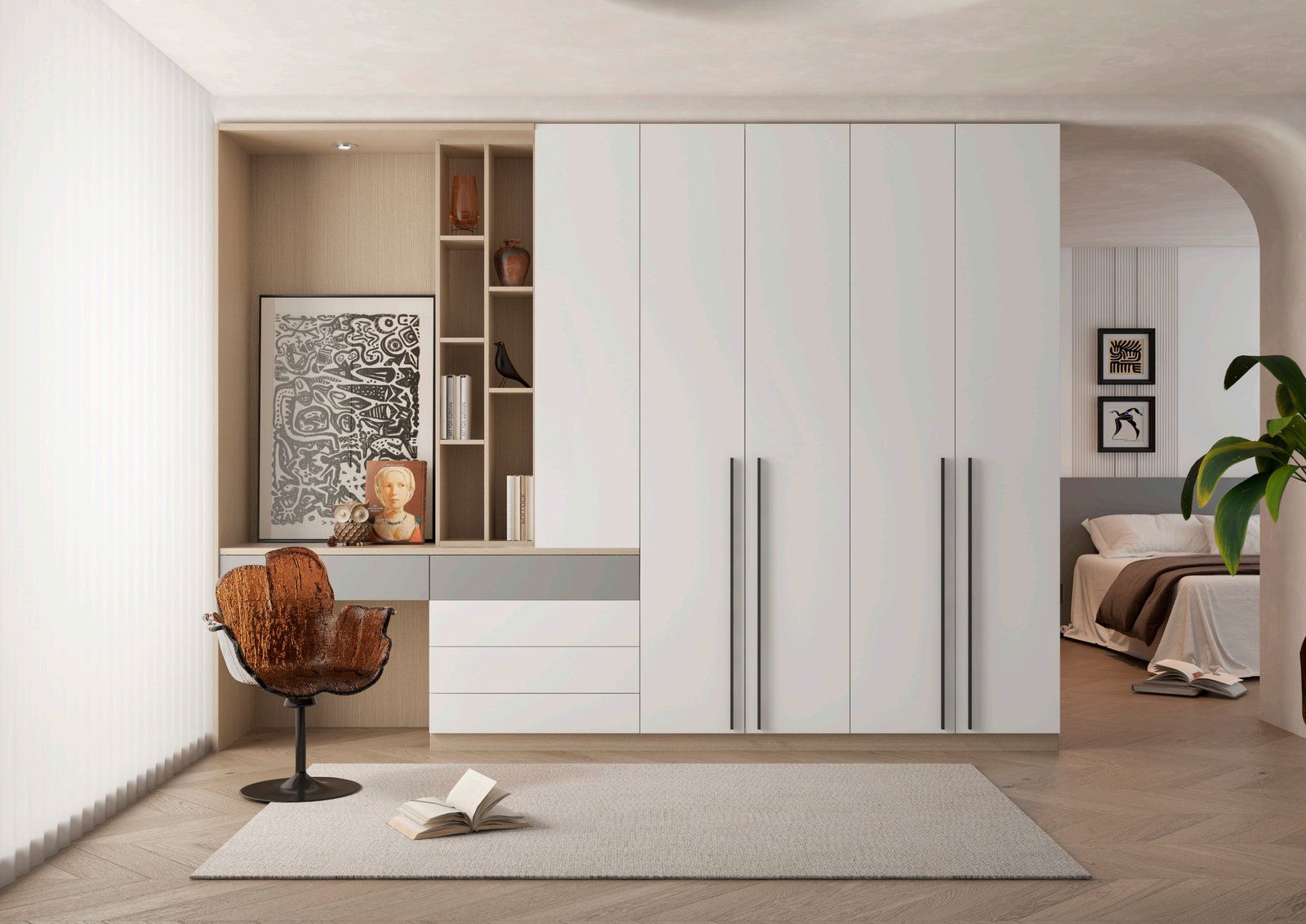 Tường tủ áo âm màu trắng Golden Home tích hợp bàn làm việc và kệ trưng bày mở