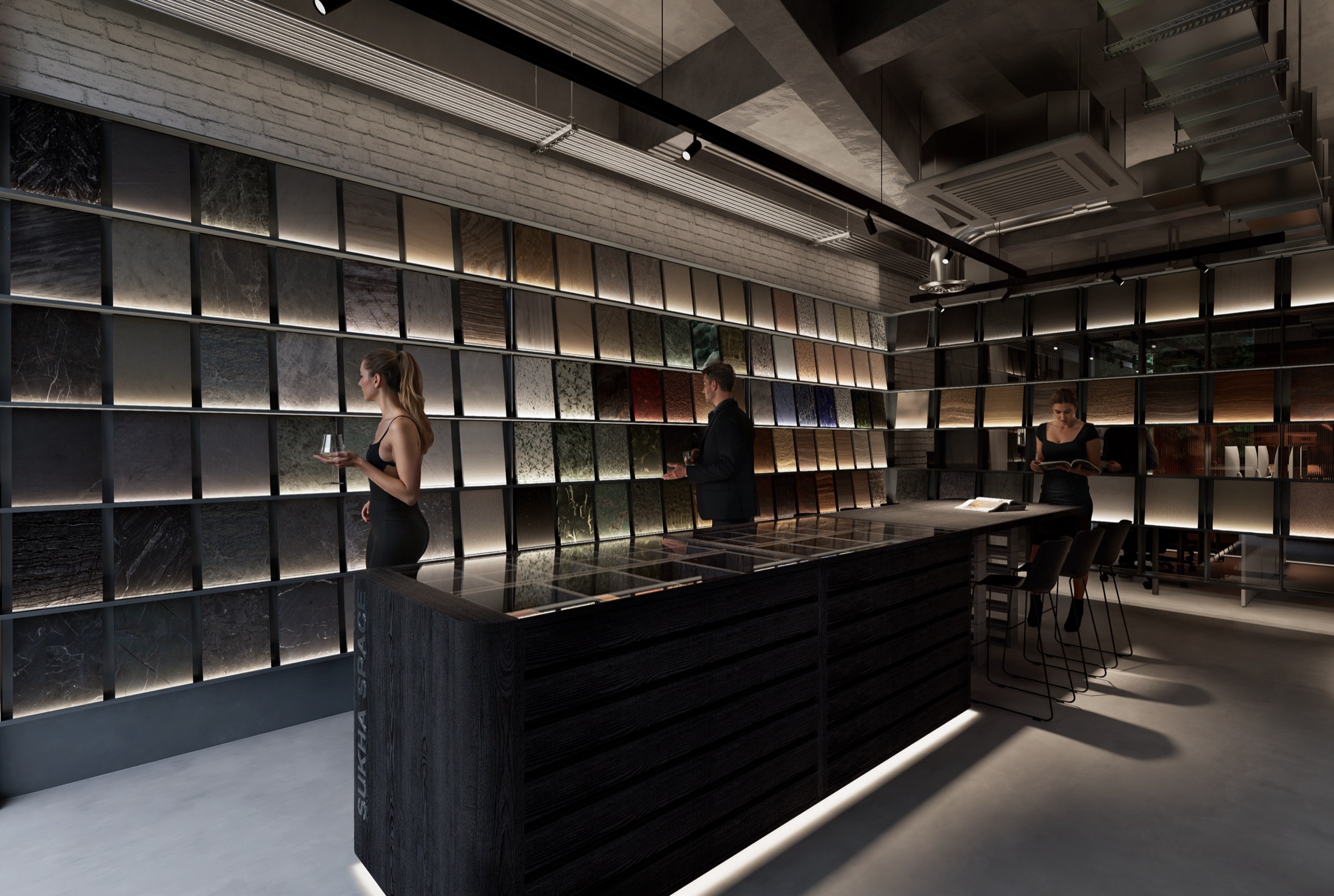 Quầy chọn mẫu trước thư viện vật liệu, showroom Sukha Space